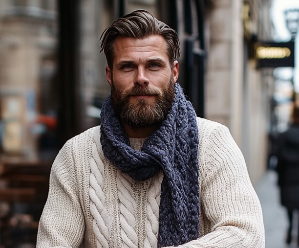 blue knitted scrf for autumn look