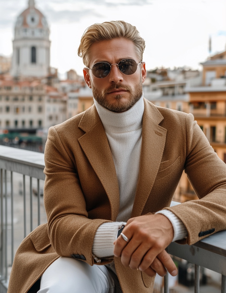 brown coat white turtleneck pants