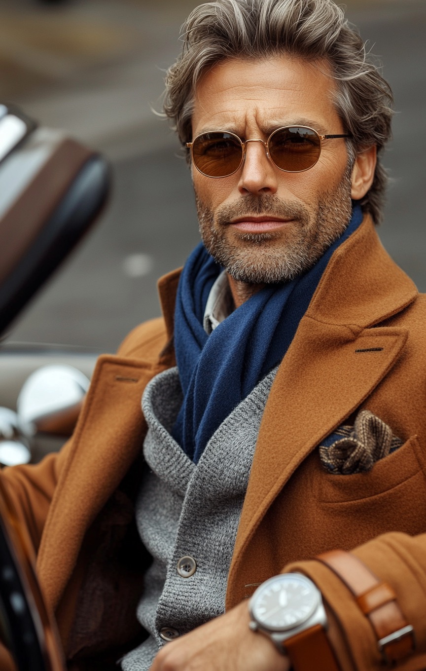 brown wool coat with blue scarf