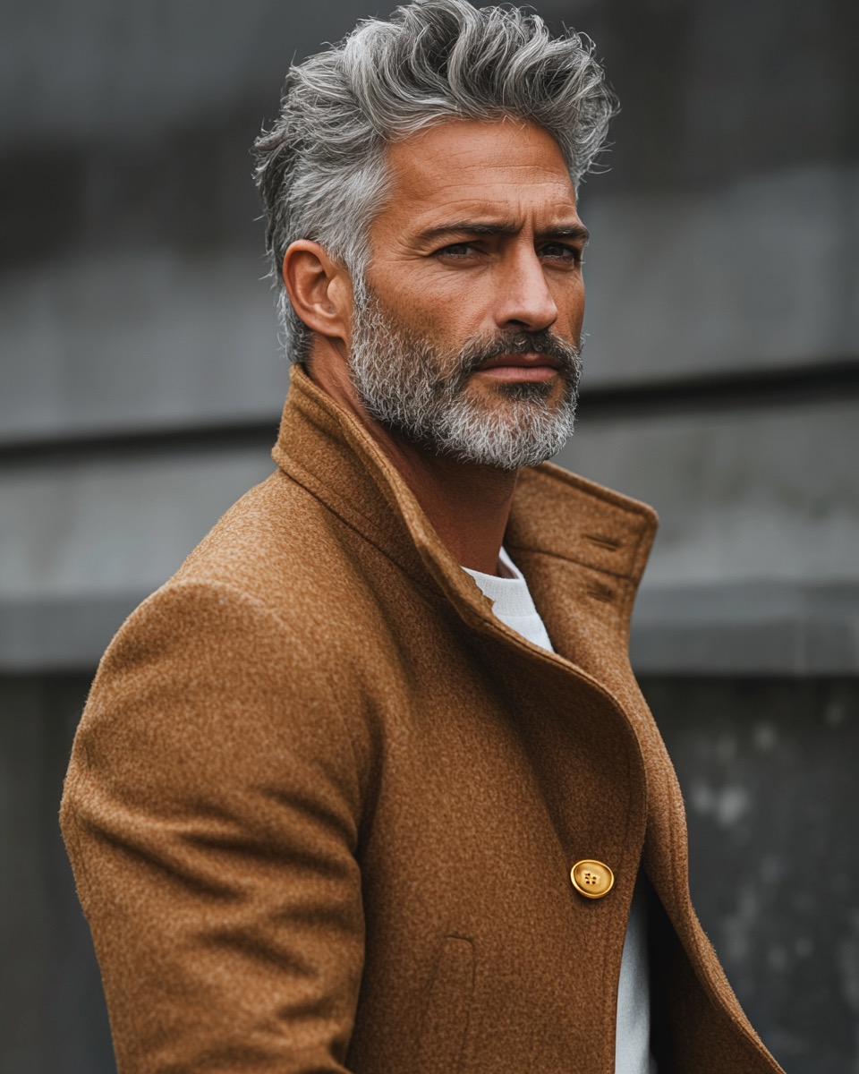 casual brown wool coat white sweatshirt