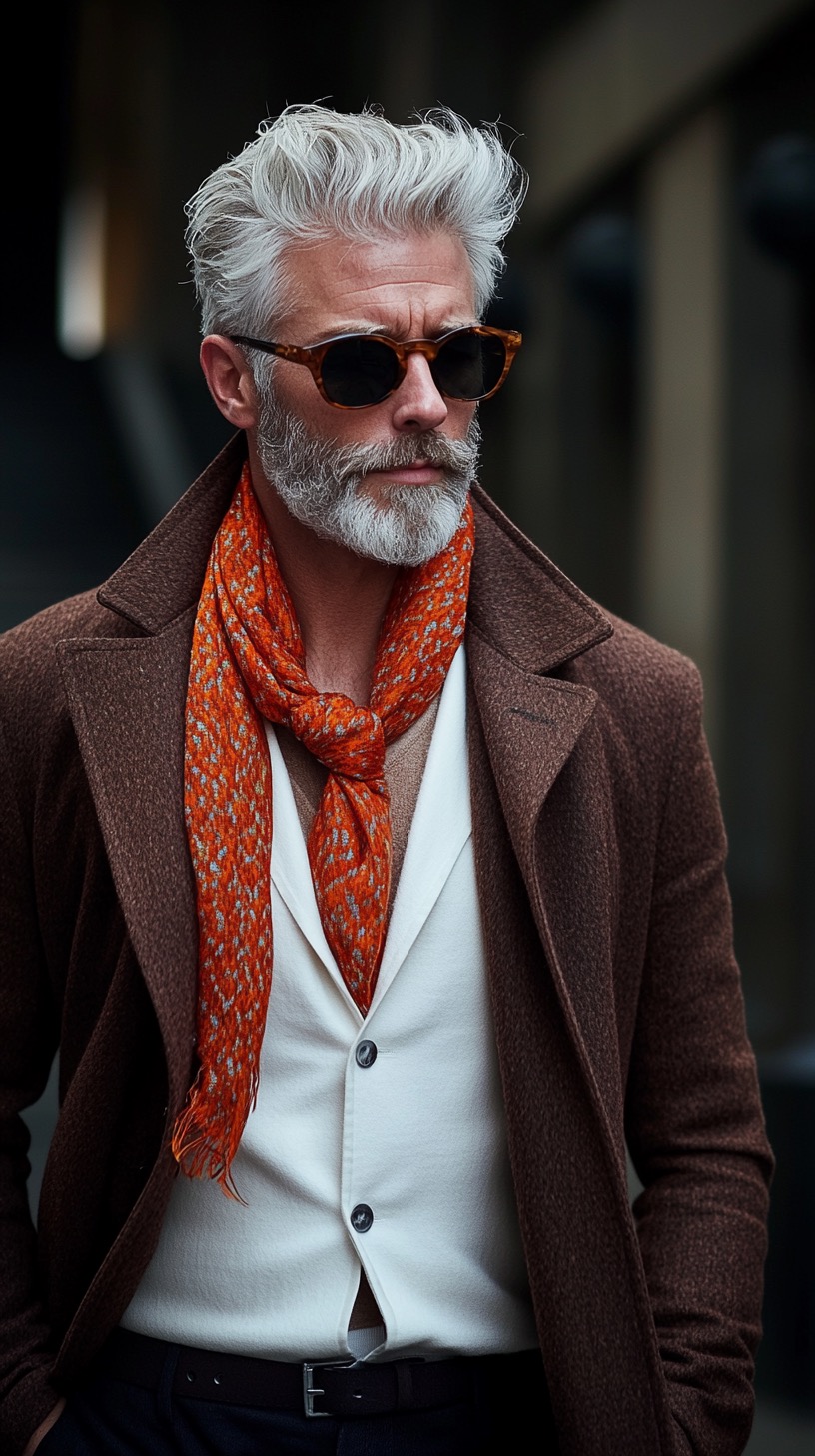 dark brown wool coat and silk scarf