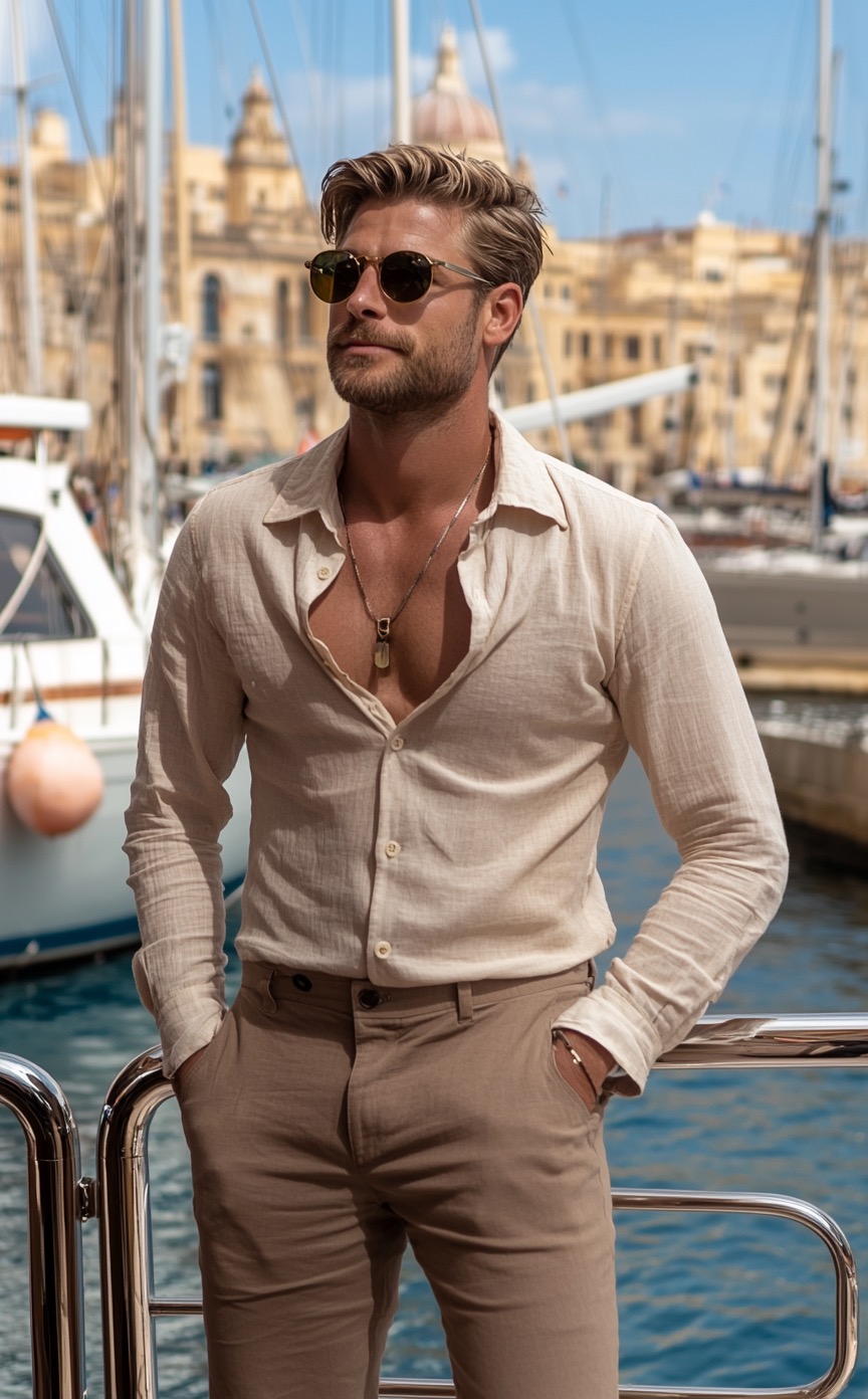 beige shirt with brown pants