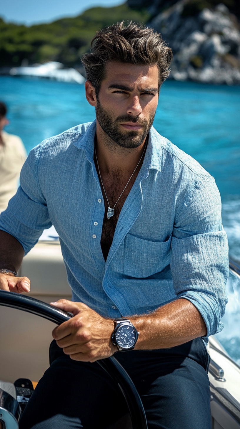 blue shirt with navy pants