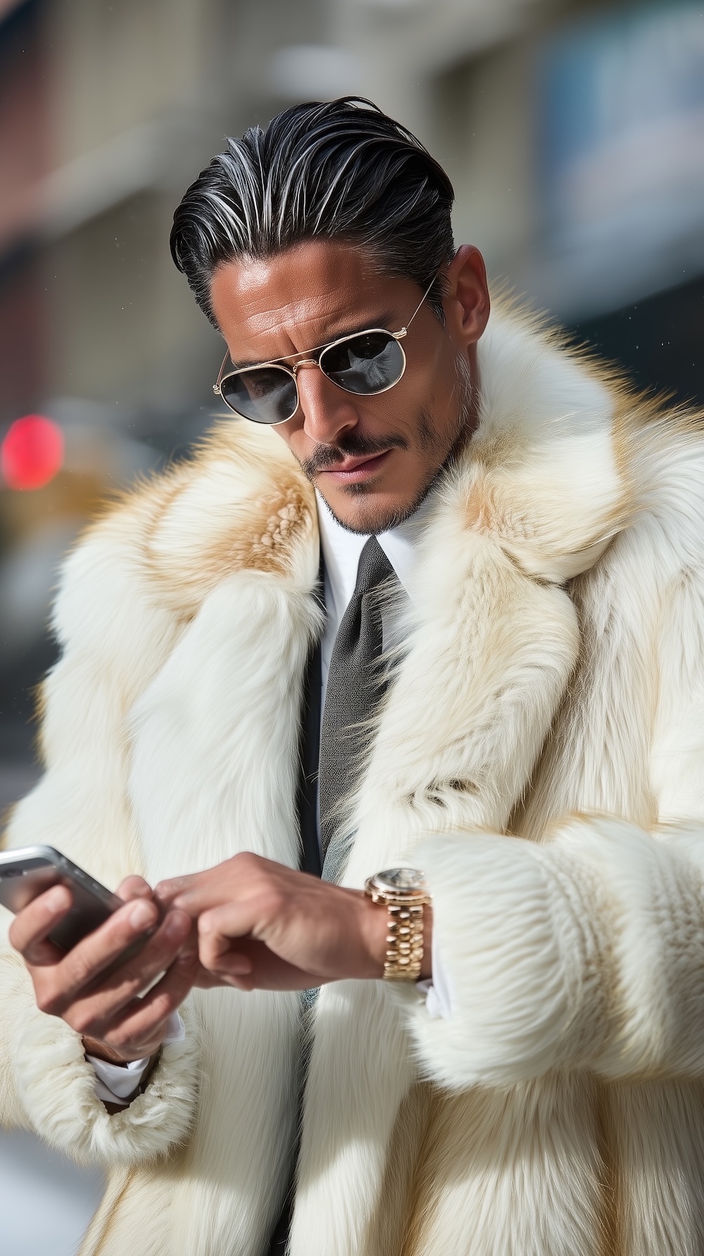 man in arctic fox fur coat checks time