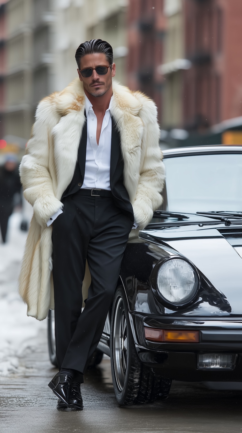 man in arctic fox fur coat near porsche