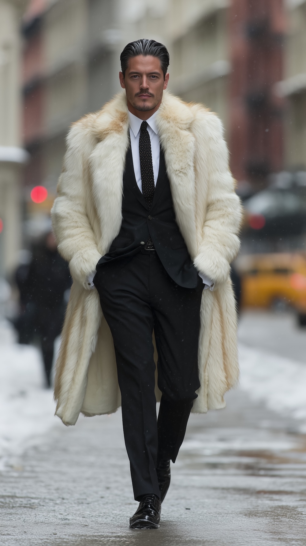 man in arctic fox fur coat walks