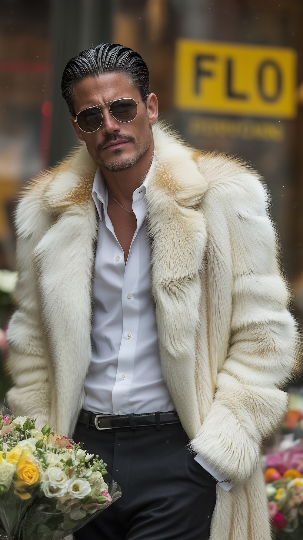 man in arctic fox fur coat with flowers