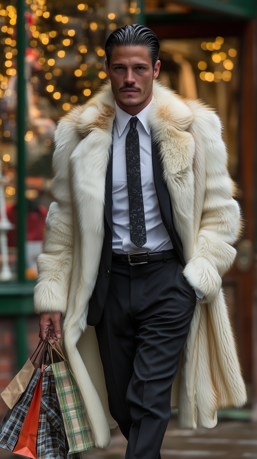man in arctic fox fur coat with shopping bags