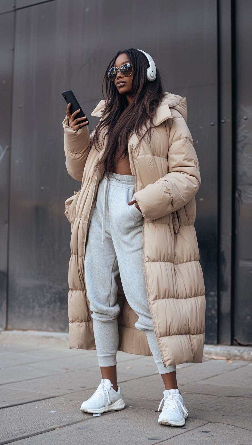 beige long puff coat for women