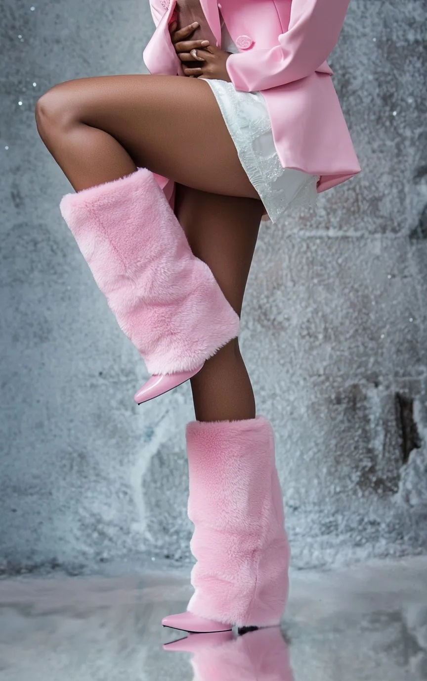 playful pink fur knee high winter boots