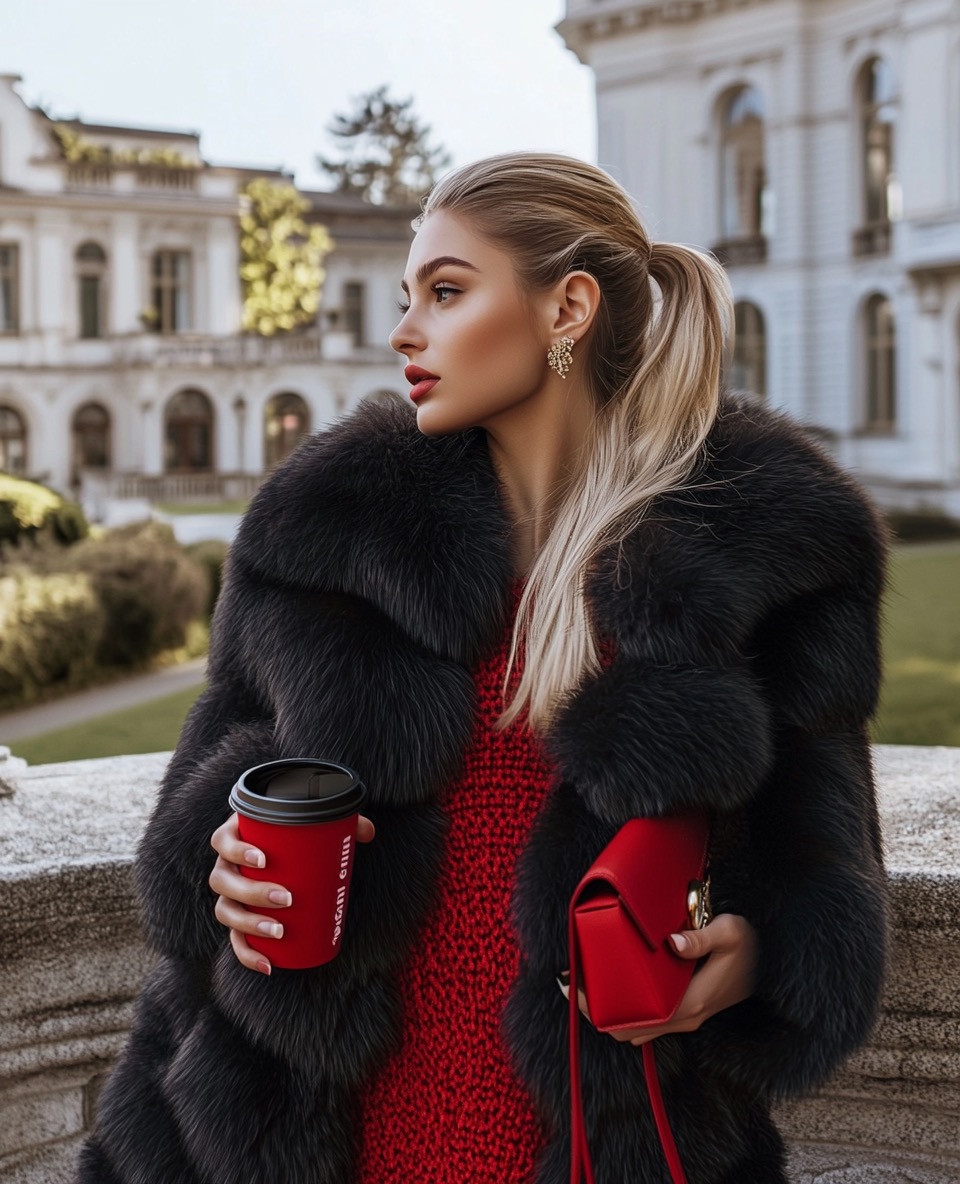 black fluffy faux fur coat